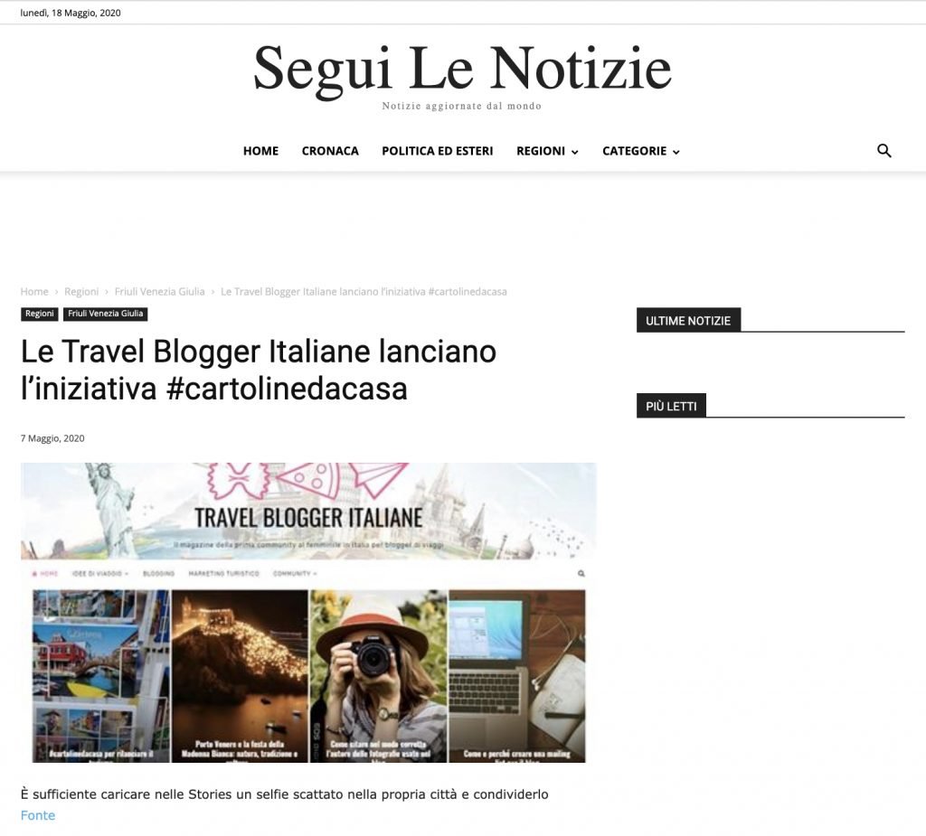 Le Travel Blogger Italiane lanciano l’iniziativa #cartolinedacasa su Segui Le Notizie del 07/05/2020