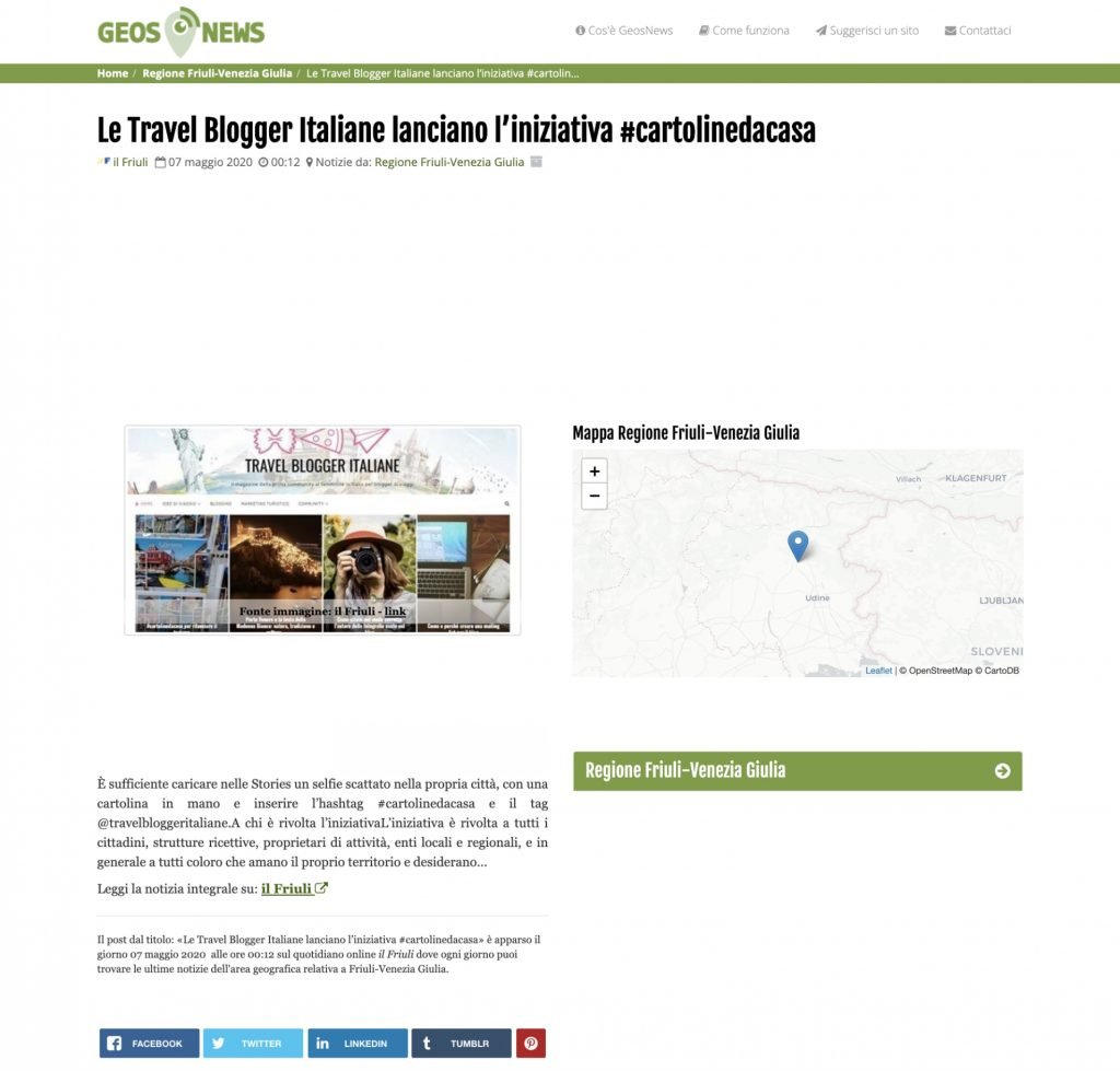 Le Travel Blogger Italiane lanciano l’iniziativa #cartolinedacasa su Geonews del 07/05/2020