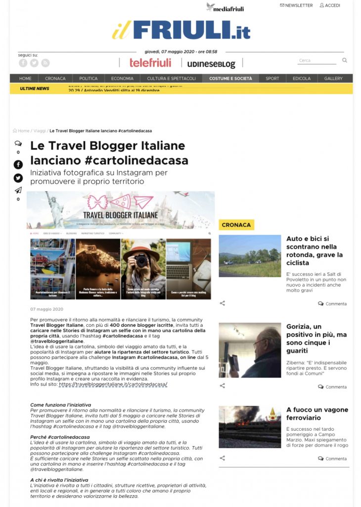 Le Travel Blogger Italiane lanciano #cartolinedacasa su Il Friuli del 07/05/2020