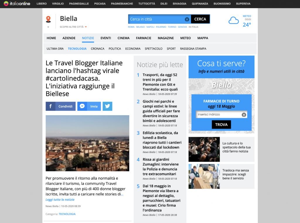 Le Travel Blogger Italiane lanciano l'hashtag virale #cartolinedacasa. L'iniziativa raggiunge il Biellese su Italia Online di Virgilio Notizie del 10/05/2020