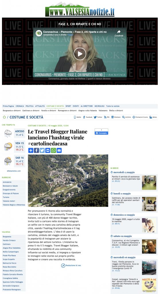 Le Travel Blogger Italiane lanciano l’hashtag virale #cartolinedacasa su Valsesia notizie del 10/05/2020