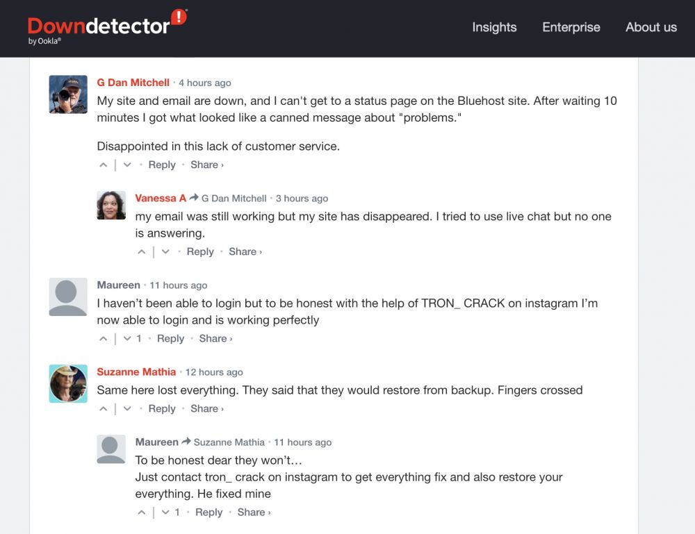 Commenti di utenti Bluehost sulle interruzioni del servizio del 13/09/2022 pubblicati su Downndetector