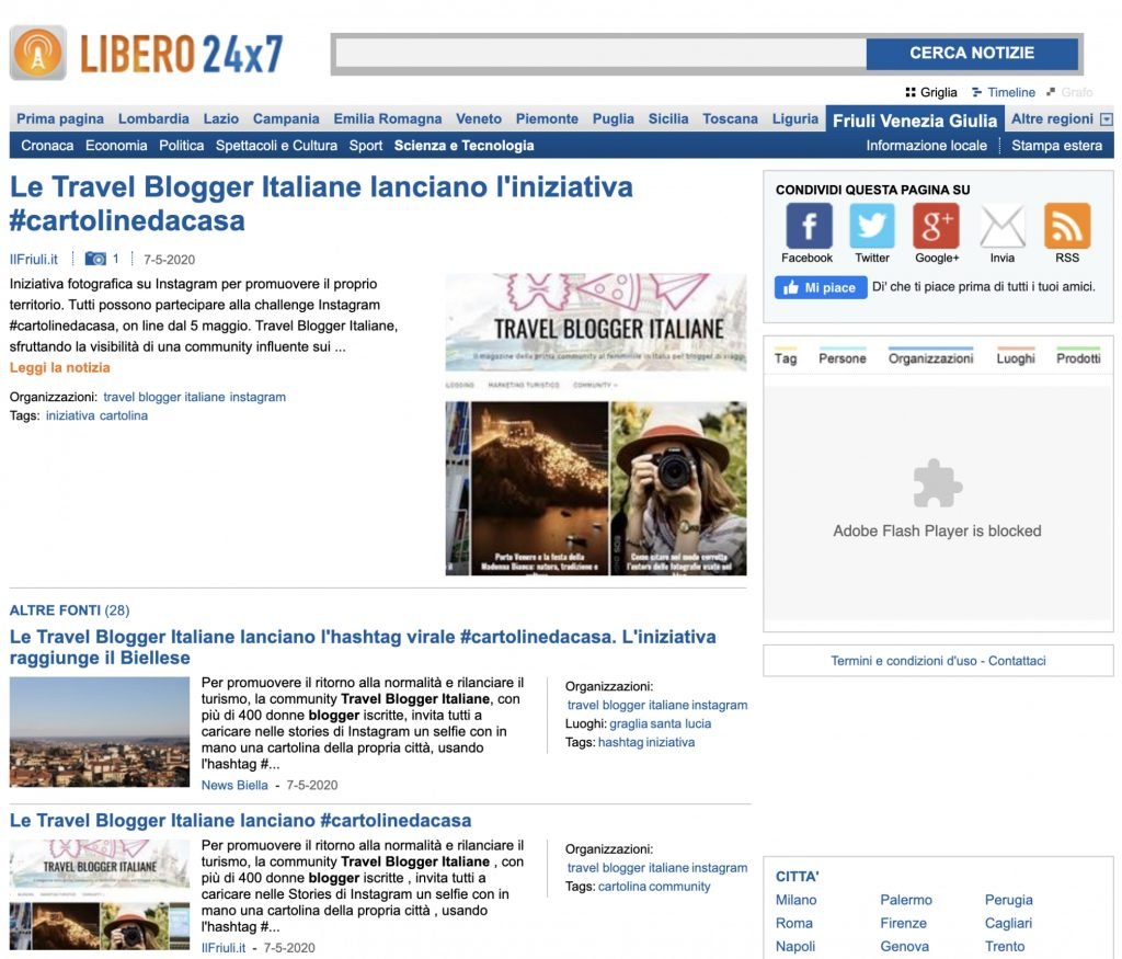 Le Travel Blogger Italiane lanciano l'iniziativa #cartolinedacasa su Libero 24X7 del 07/05/2020