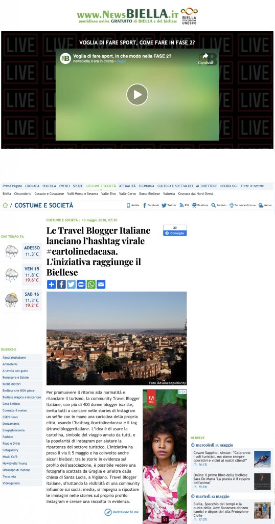 Le Travel Blogger Italiane lanciano l’hashtag virale #cartolinedacasa. L’iniziativa raggiunge il Biellese su News Biella del 10/05/2020