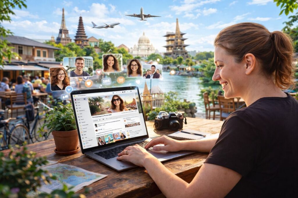Travel blogger gestisce un gruppo Facebook, immagine generata da AI