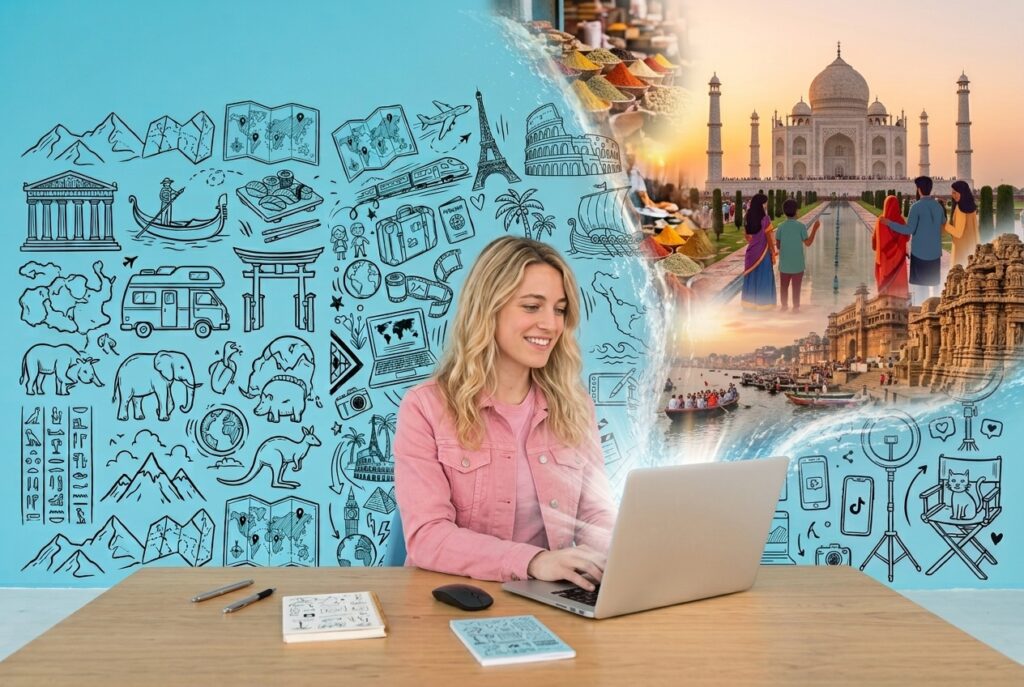 Blogger scrive di un viaggio in India, immagine generata da AI Gemini