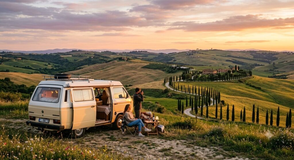 Camperisti in campagna, immagine generata da Gemini