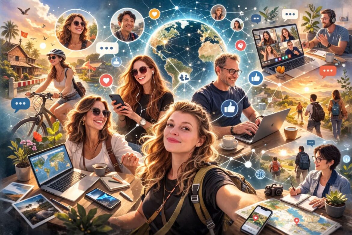 Community di blogger e viaggiatori online, immagine generata da AI