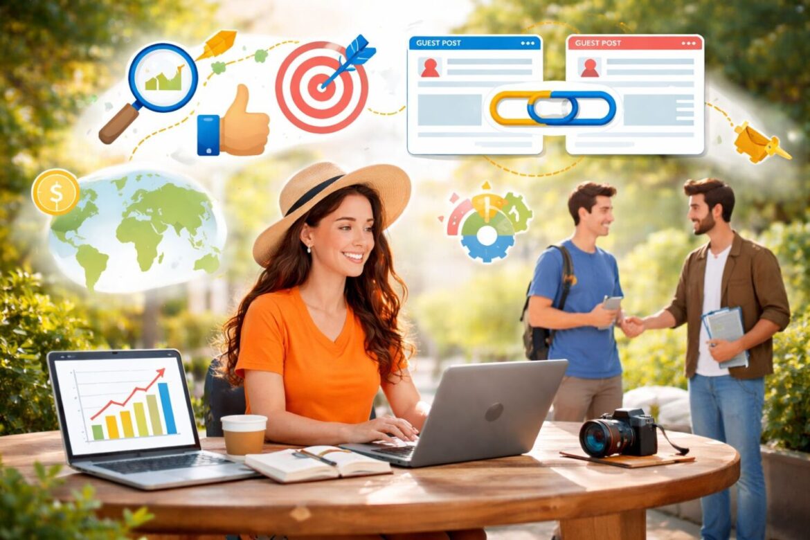 Blogger scrive un guest post al computer, immagine generata da AI