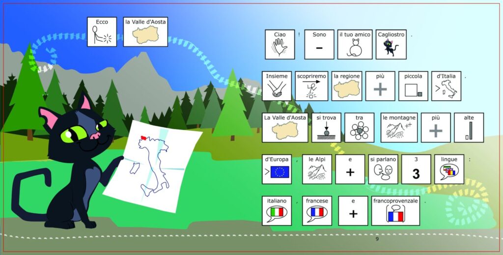 Una pagina della guida CAAmminare in Valle d'Aosta in comunicazione aumentativa alternativa