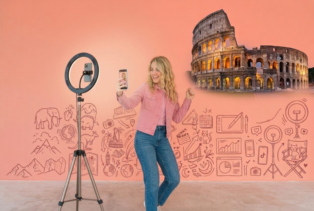 Influencer registra un video davanti al colosseo, immagine generata da AI Gemini