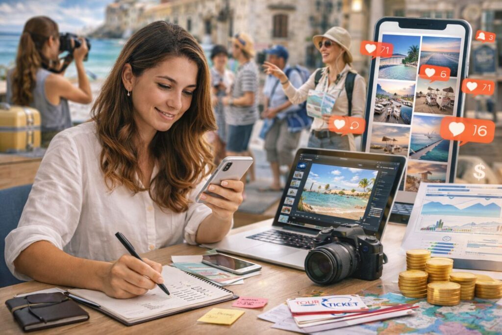 Travel blogger al lavoro, immagine generata da AI