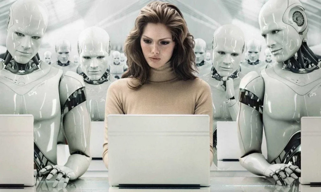 Donna circondata da robot